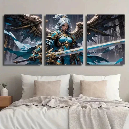 3pcs Sword Wielding Female Knight with Armor Wall Art Set Canvas Unframed - High Quality Print 100% Australian Made Wall Canvas
