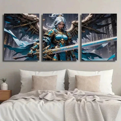 3pcs Sword Wielding Female Knight with Armor Wall Art Set Canvas Unframed - High Quality Print 100% Australian Made Wall Canvas