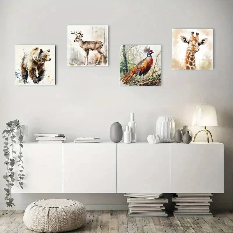 4pcs Moose Giraffe Bear Peacock Wall Art Canvas Framed