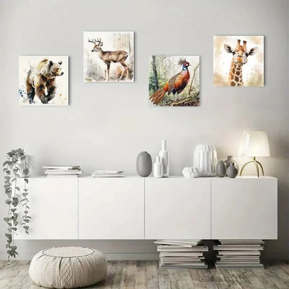 4pcs Moose Giraffe Bear Peacock Wall Art Canvas Framed