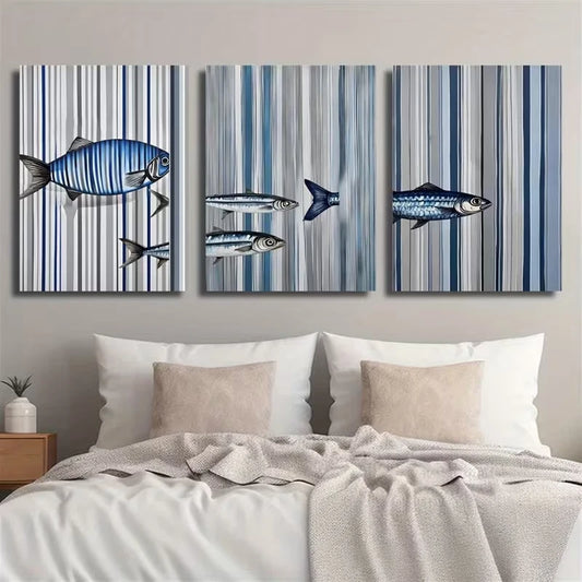 3pcs Featuring a Sardine Inspired by Sea Creatures Metal Print Ready to Hang Art