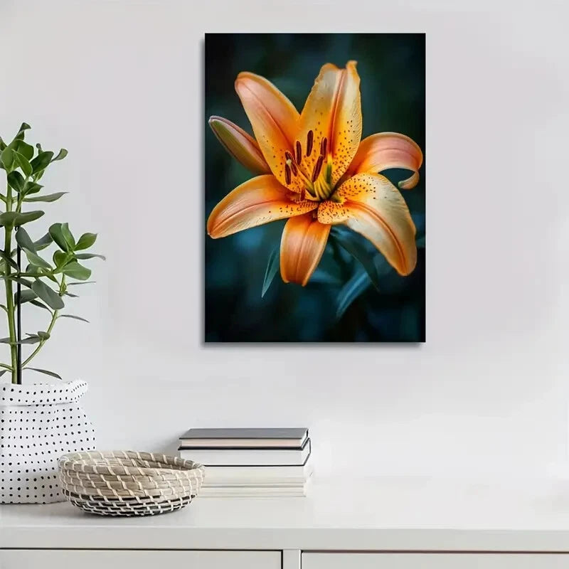 Vibrant Orange Lily with Dark Background Painting 40x60cm Metal Print Ready to Hang - Bella Home Decor