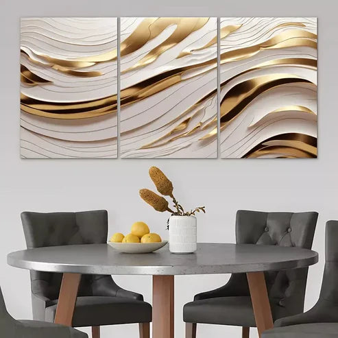 3pcs Golden & White Abstract Wave Wall Art Set Canvas Unframed - High Quality Print 100% Australian Made Wall Canvas
