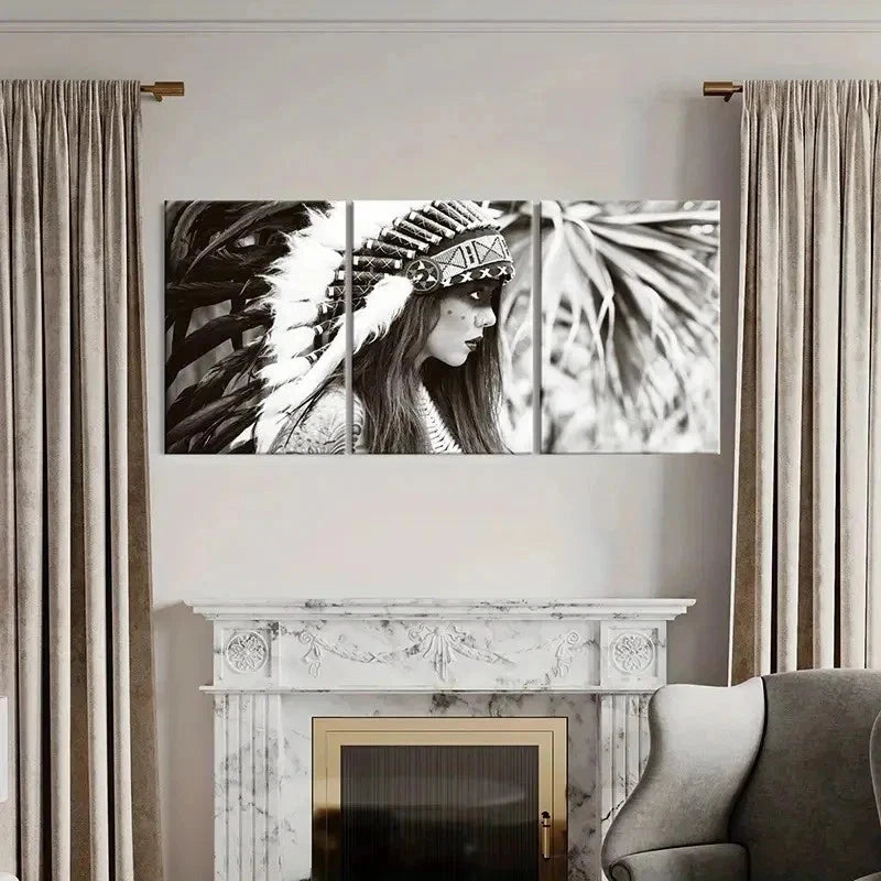 3pcs Native American Girl with Headdress Wall Art Set Canvas Framed 50x70cm - High Quality Print 100% Australian Made Wall Canvas Ready to Hang