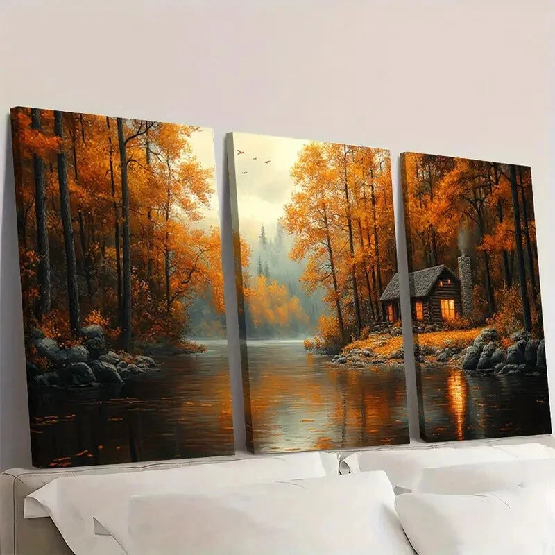 3pcs Cabin In The Woods Lakehouse Decor Wall Art Set Canvas Framed 60x90cm - High Quality Print 100% Australian Made Wall Canvas Ready to Hang - Bella Home Decor