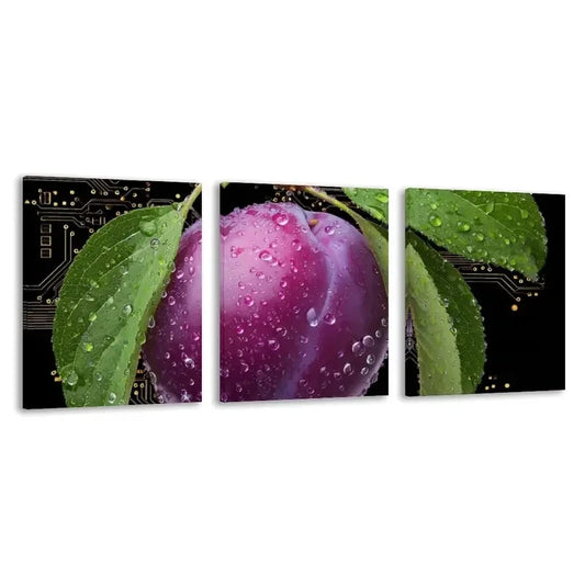 3pcs Minimalist Purple Plum & Green Leaf Wall Art Set Canvas Framed 50x70cm - High Quality Print 100% Australian Made Wall Canvas Ready to Hang