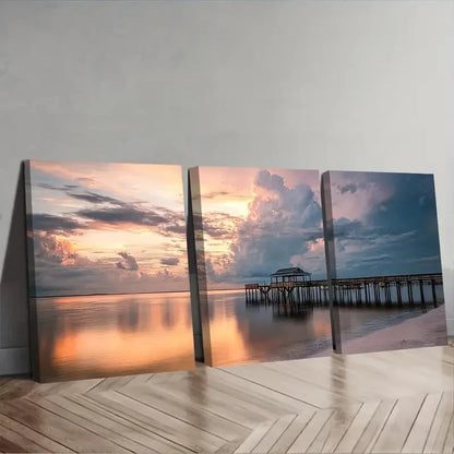 3pcs Gulf Coast Pier Seascape With Rustic Wall Art Set Canvas Framed 60x90cm - High Quality Print 100% Australian Made Wall Canvas Ready to Hang - Bella Home Decor