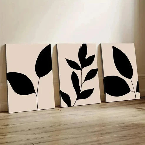 3pcs Neutral Tones with Black Leaves & Flowers  Wall Art Set Canvas Unframed - High Quality Print 100% Australian Made Wall Canvas