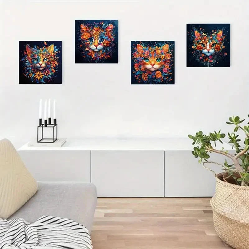 4pcs Vibrant Cat,Colorful Floral Feline Designs Wall Art Canvas Framed