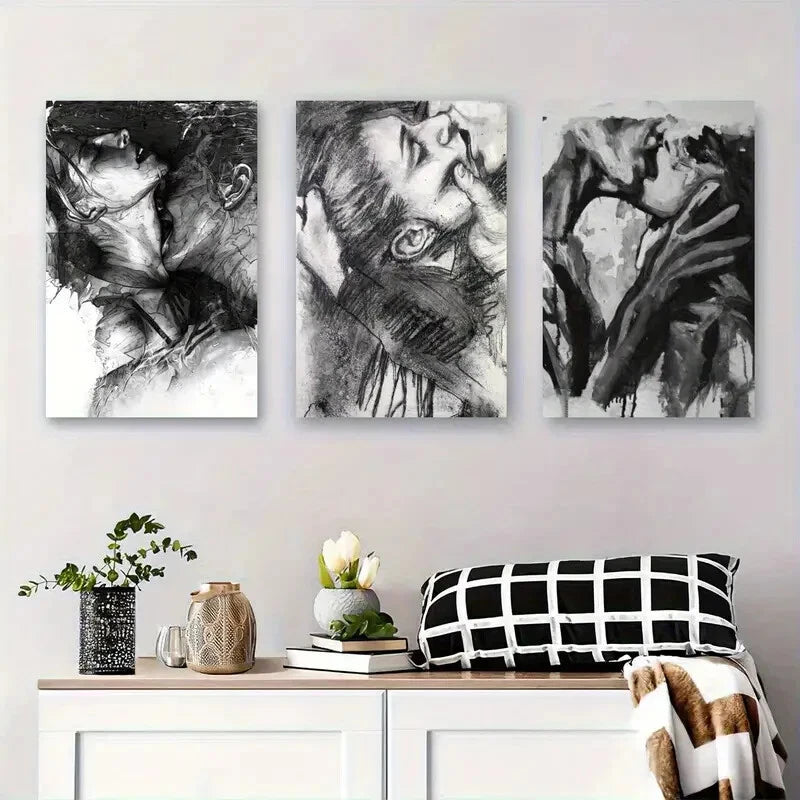 3pcs Black And White Passionate Lovers Perfect Wall Art Set Canvas Framed 40x60cm - High Quality Print 100% Australian Made Wall Canvas Ready to Hang - Bella Home Decor