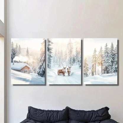 3pcs Snowy Trees Scene & Christmas Elk Wall Art Set Canvas Framed 60x90cm - High Quality Print 100% Australian Made Wall Canvas Ready to Hang