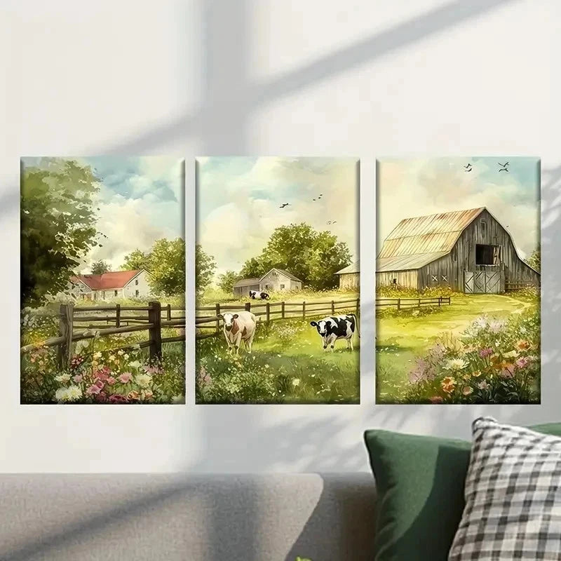 3pcs Farm with a Cow And Barn Painting Wall Art Set Canvas Framed 50x70cm - High Quality Print 100% Australian Made Wall Canvas Ready to Hang