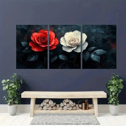 3pcs Dark Background with Red & White Roses Wall Art Set Canvas Framed 50x70cm - High Quality Print 100% Australian Made Wall Canvas Ready to Hang - Bella Home Decor