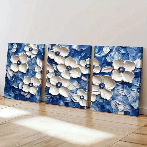 3pcs White Flowers on Blue Abstract Oil Painting Wall Art Canvas Unframed - High Quality Print 100% Australian Made Wall Canvas