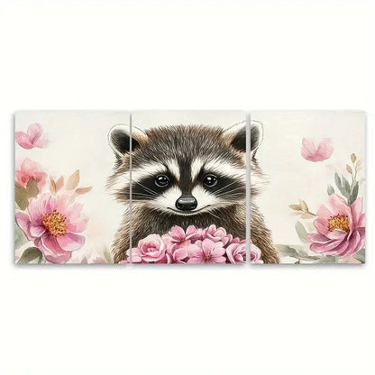 3pcs Adorable Raccoon Watercolor Print D Wall A  Wall Art Set Canvas Framed 60x90cm - High Quality Print 100% Australian Made Wall Canvas Ready to Hang - Bella Home Decor