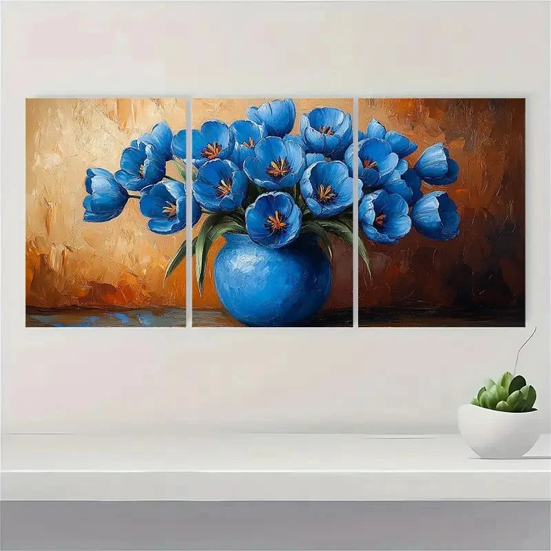 3pcs  Blue Tulips in a Vase  Impasto JK     Wall Art Set Canvas Framed 60x90cm - High Quality Print 100% Australian Made Wall Canvas Ready to Hang - Bella Home Decor