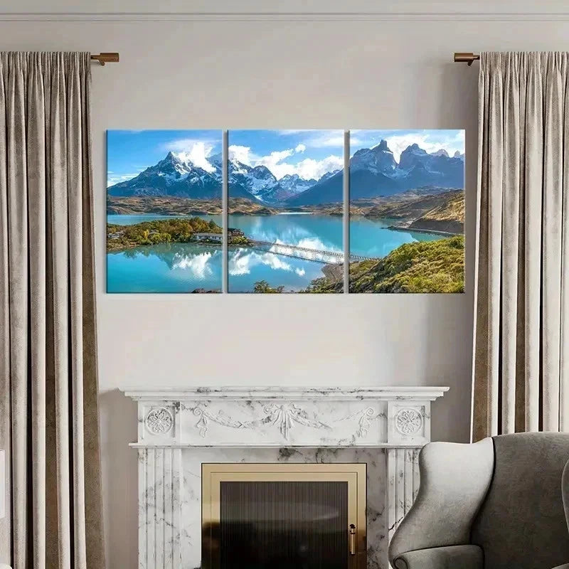 3pcs Chile Andes Lake Patagonia Bridge Wall Art Set Canvas Framed 50x70cm - High Quality Print 100% Australian Made Wall Canvas Ready to Hang - Bella Home Decor