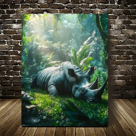 Rhino in Jungle Fantasy Scene Painting 40x60cm Metal Print Ready to Hang - Bella Home Decor