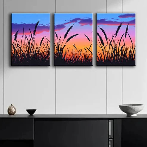 3pcs Serene Sunset Silhouette Vibrant Wheat Wall Art Set Canvas Unframed - High Quality Print 100% Australian Made Wall Canvas