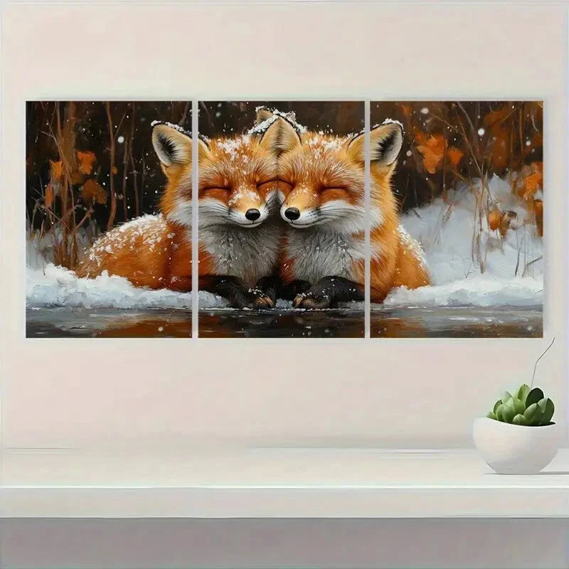3pcs Winter Snowy Couple Foxes Metal Print Ready to Hang Art - Bella Home Decor