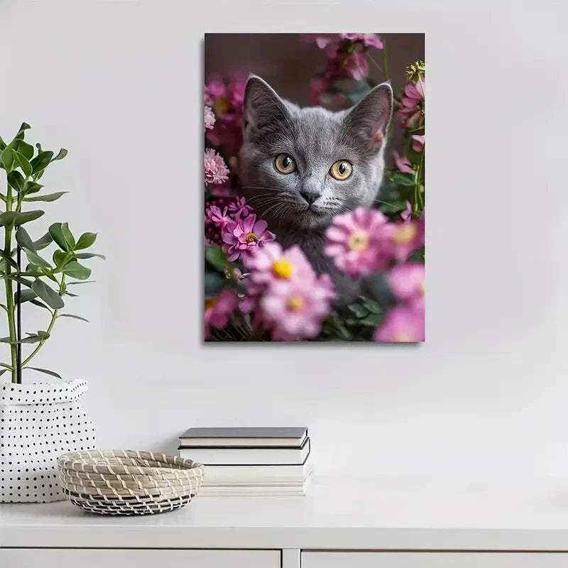 Charming Russian Blue Cat with Pink Flowers Painting 40x60cm Metal Print Ready to Hang