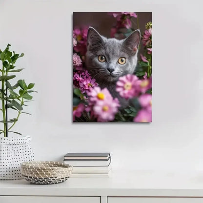 Charming Russian Blue Cat with Pink Flowers Painting 40x60cm Metal Print Ready to Hang