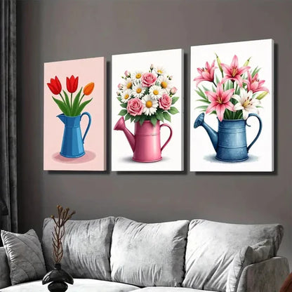 3pcs Colorful Floral Bouquets in Watering Cans Wall Art Set Canvas Unframed - High Quality Print 100% Australian Made Wall Canvas - Bella Home Decor