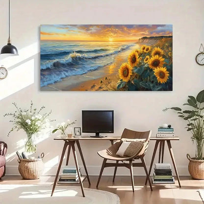 Sunflower & Beach Waves Wall Art Canvas Office Home Room Framed 120x60cm