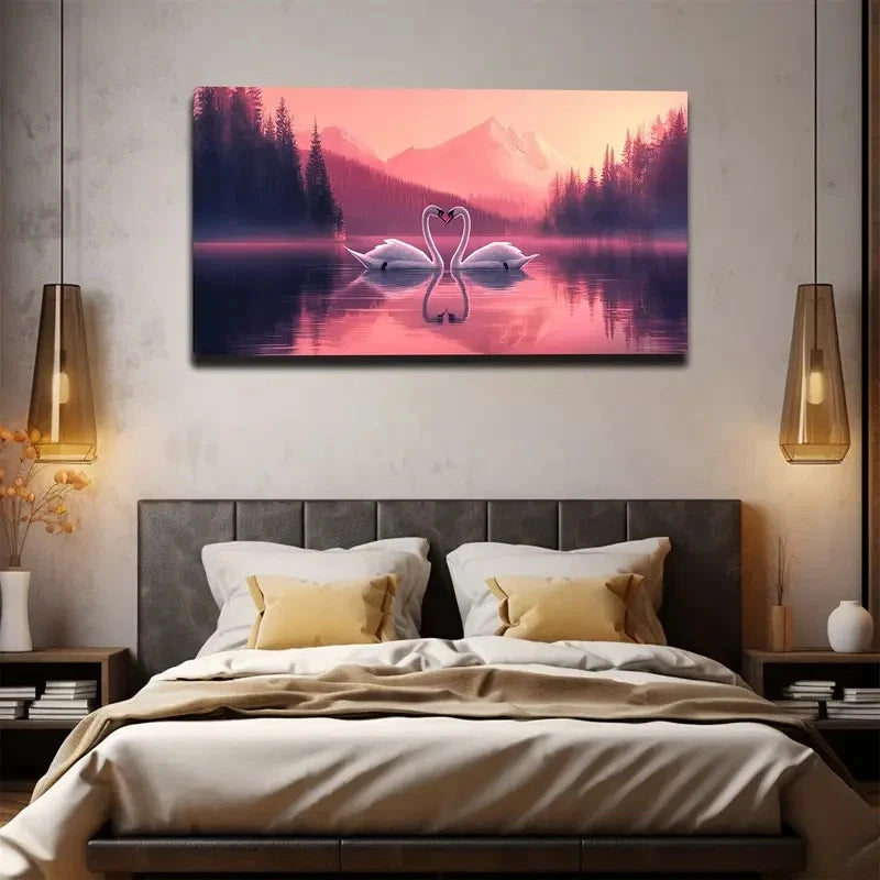 Bedroom with a large wall art of two swans on a lake with mountains in the background.