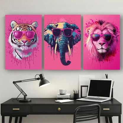 3pcs Vibrant Animal Tiger Elephant & Lion Glasses Metal Print Ready to Hang Art - Bella Home Decor