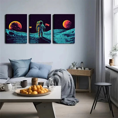 3pcs Astronaut Landing on Moon Triptych  Wall Art Set Canvas Unframed - High Quality Print 100% Australian Made Wall Canvas - Bella Home Decor