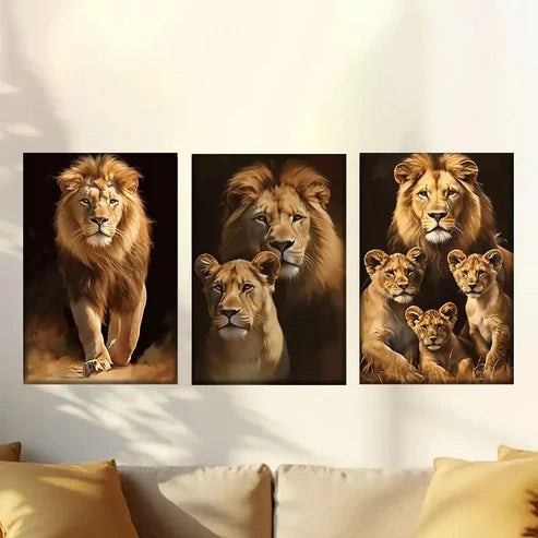 3pcs Encaustic Classic Portrait Lion Family Wall Art Canvas Unframed - High Quality Print 100% Australian Made Wall Canvas