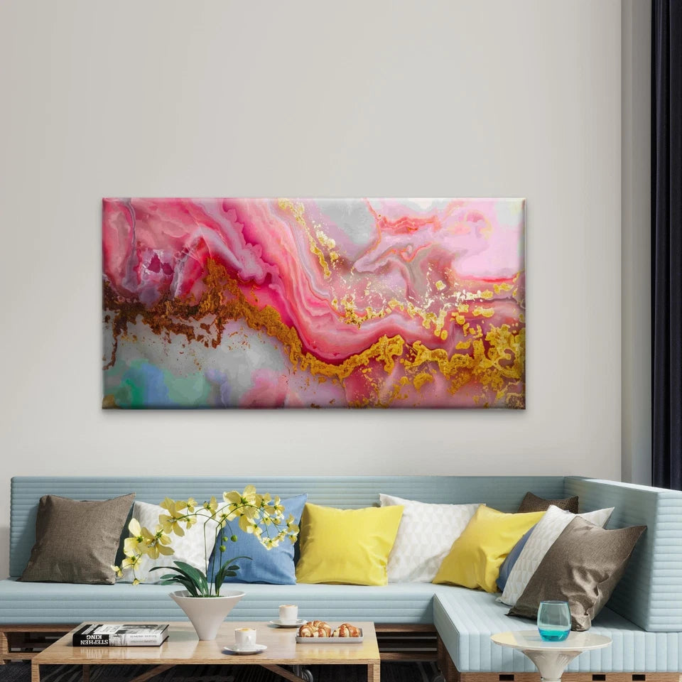 Pink And Gold Swirl Abstract Wall Art Canvas Office Home Room Framed 120x60cm