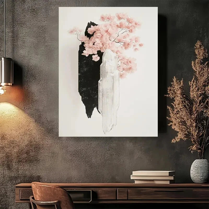 Beautiful Pink Cherry Blossoms & Black Painting 40x60cm Metal Print Ready to Hang - Bella Home Decor