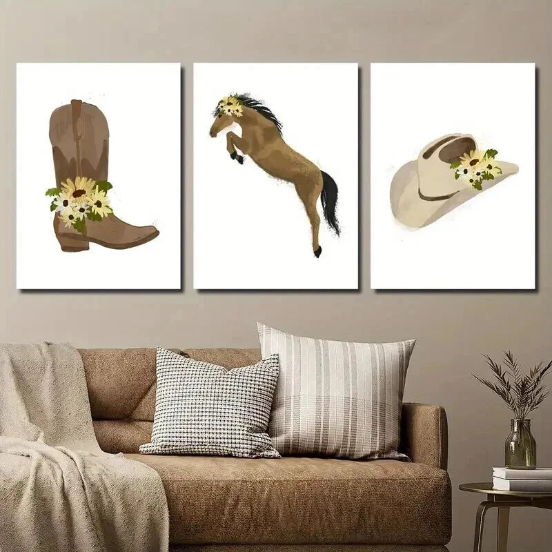 3pcs Hat & Jumping Horse Yellow Daisy Perfect Wall Art Set Canvas Framed 60x90cm - High Quality Print 100% Australian Made Wall Canvas Ready to Hang - Bella Home Decor