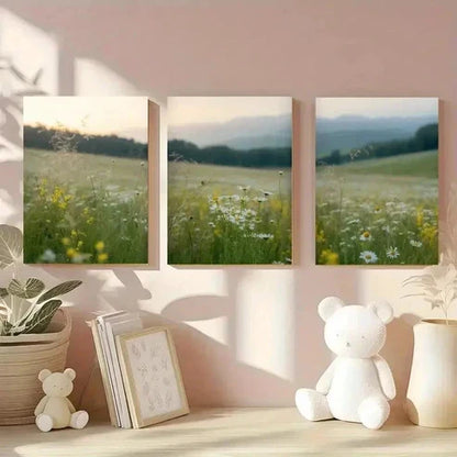 3pcs Wildflowers, Green Hills Canvas Wall Art Canvas Unframed - High Quality Print 100% Australian Made Wall Canvas