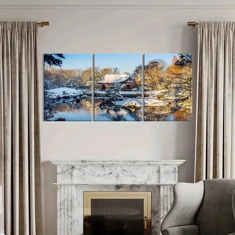 3pcs Snow Scene Cabin Tree Pond Wall Art Set Canvas Framed 50x70cm - High Quality Print 100% Australian Made Wall Canvas Ready to Hang - Bella Home Decor