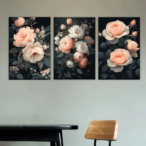 3pcs a bunch of pink roses on a black Wall Art Set Canvas Unframed - High Quality Print 100% Australian Made Wall Canvas - Bella Home Decor