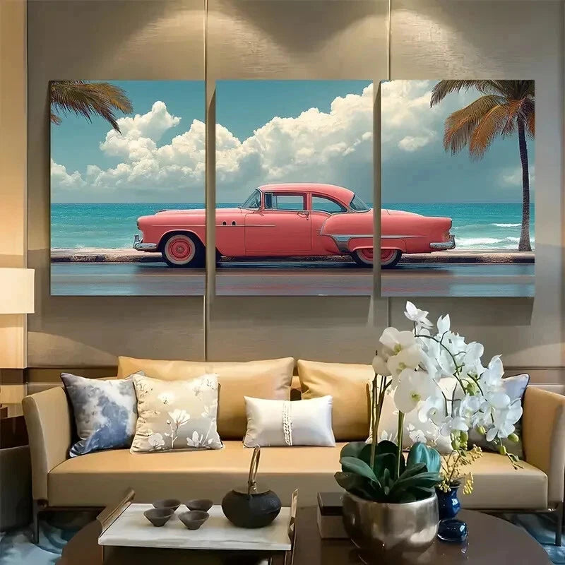 3pcs Vaporwave Aesthetic Cuba Retro 50's car Wall Art Set Canvas Framed 50x70cm - High Quality Print 100% Australian Made Wall Canvas Ready to Hang - Bella Home Decor