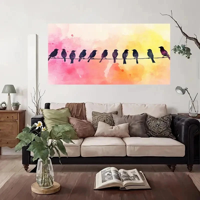 Watercolor Birds On Wire Wall Art Canvas Office Home Room Framed 120x60cm