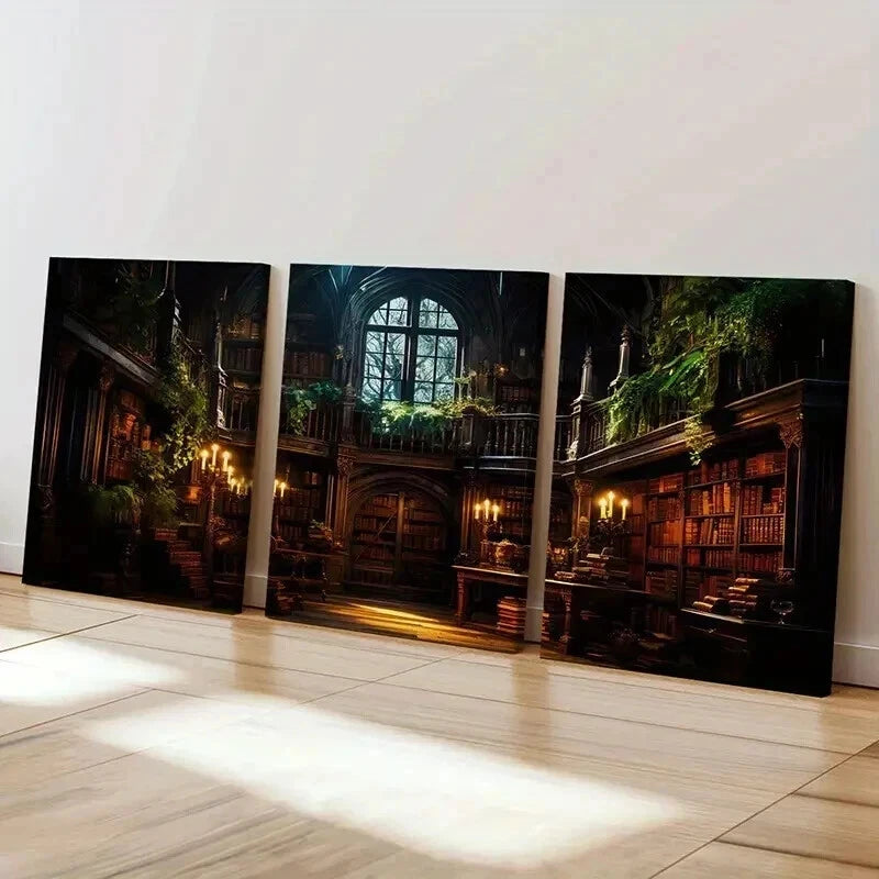 3pcs Gothic Library Bookshelves & Candles Wall Art Set Canvas Framed 40x60cm - High Quality Print 100% Australian Made Wall Canvas Ready to Hang - Bella Home Decor