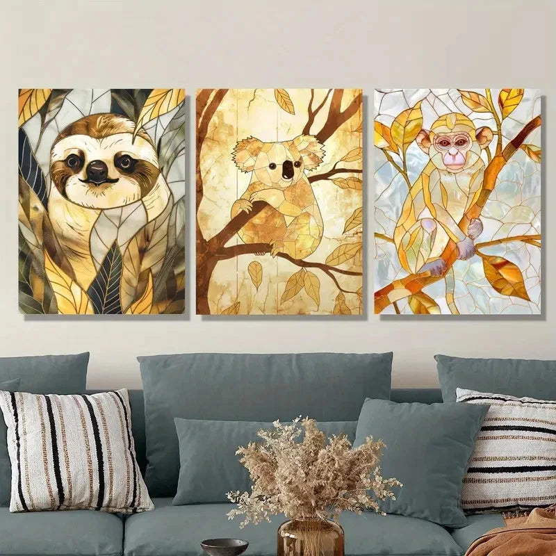 3pcs Vibrant Sloth Koala and Monkey Designs Metal Print Ready to Hang Art