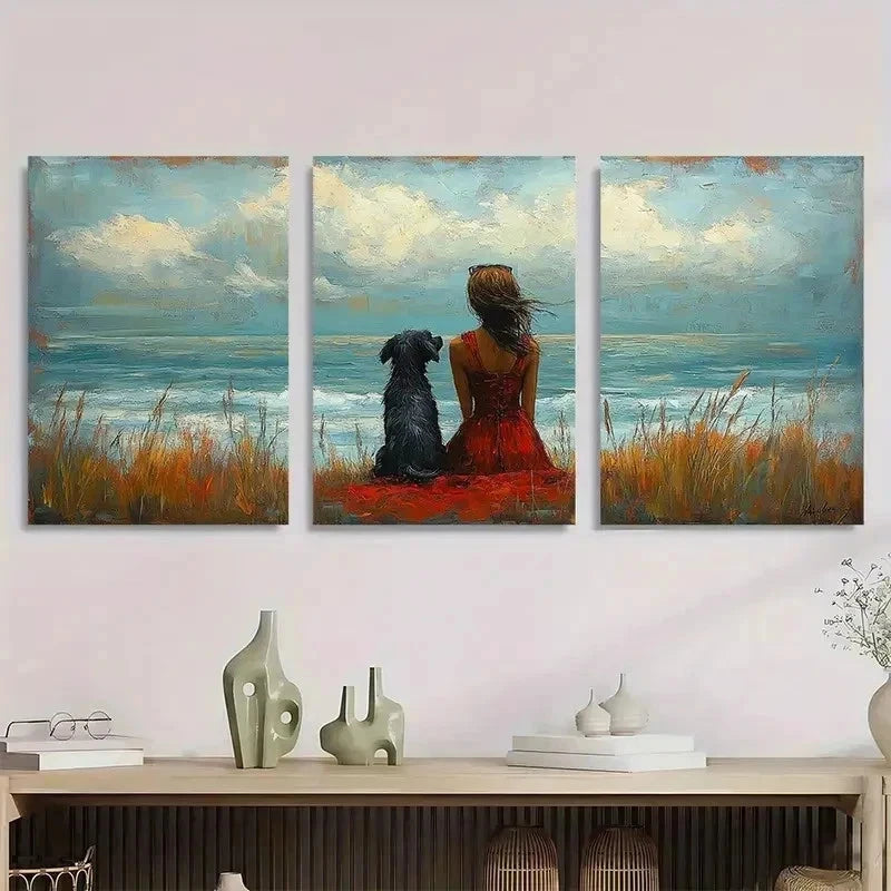 3pcs Whimsical Seaside Women With Dog Perfect Wall Art Set Canvas Framed 50x70cm - High Quality Print 100% Australian Made Wall Canvas Ready to Hang