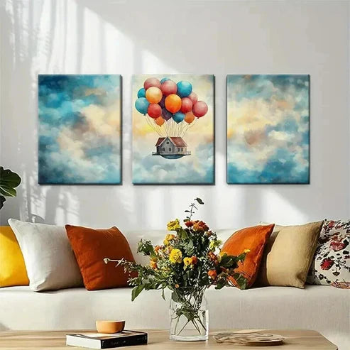 3pcs Floating House Colorful Balloon Perfec Wall Art Set Canvas Unframed - High Quality Print 100% Australian Made Wall Canvas
