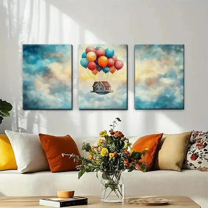 3pcs Floating House Colorful Balloon Perfec Wall Art Set Canvas Unframed - High Quality Print 100% Australian Made Wall Canvas