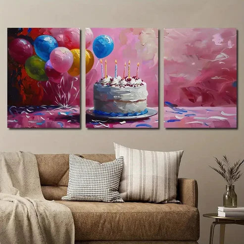 3pcs Birthday Cake and Balloon Wall Art Set Canvas Unframed - High Quality Print 100% Australian Made Wall Canvas - Bella Home Decor