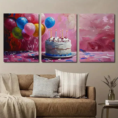 3pcs Birthday Cake and Balloon Wall Art Set Canvas Unframed - High Quality Print 100% Australian Made Wall Canvas - Bella Home Decor
