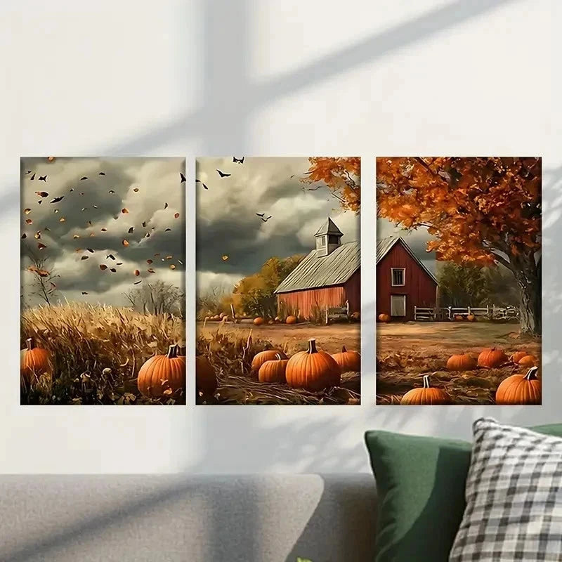 3pcs Farmhouse and a Pumpkin Field Wall Art Set Canvas Framed 50x70cm - High Quality Print 100% Australian Made Wall Canvas Ready to Hang