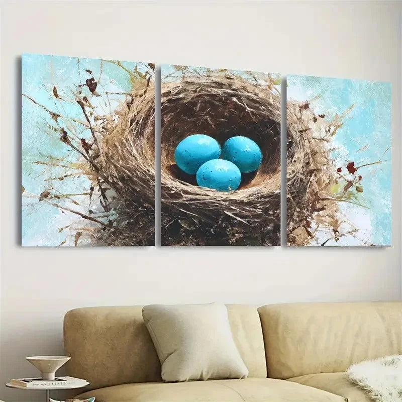 3pcs Nest Bird Nest Easter Eggs Nature Spring Wall Art Set Canvas Framed 50x70cm - High Quality Print 100% Australian Made Wall Canvas Ready to Hang - Bella Home Decor