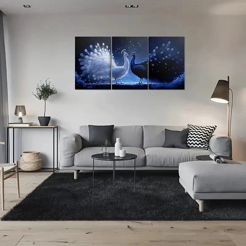 3pcs Abstract Painting Blue PeaRooster Metal Print Ready to Hang Art - Bella Home Decor